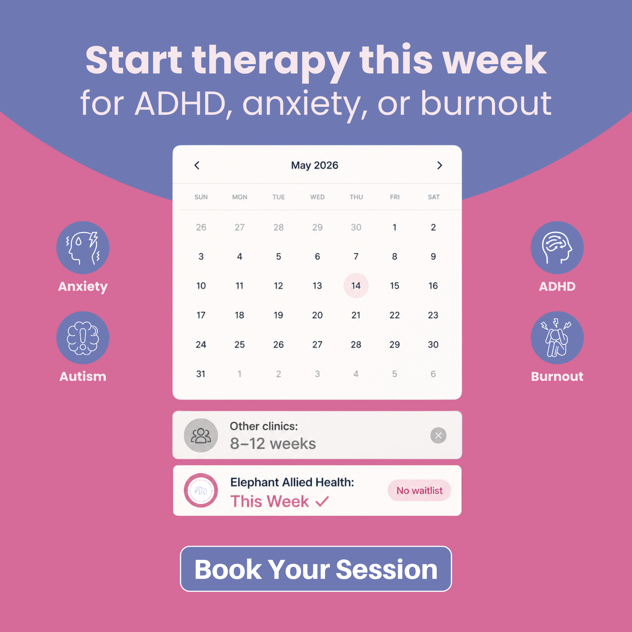 Elephant Allied Health Facebook ad: No waitlist therapy sessions