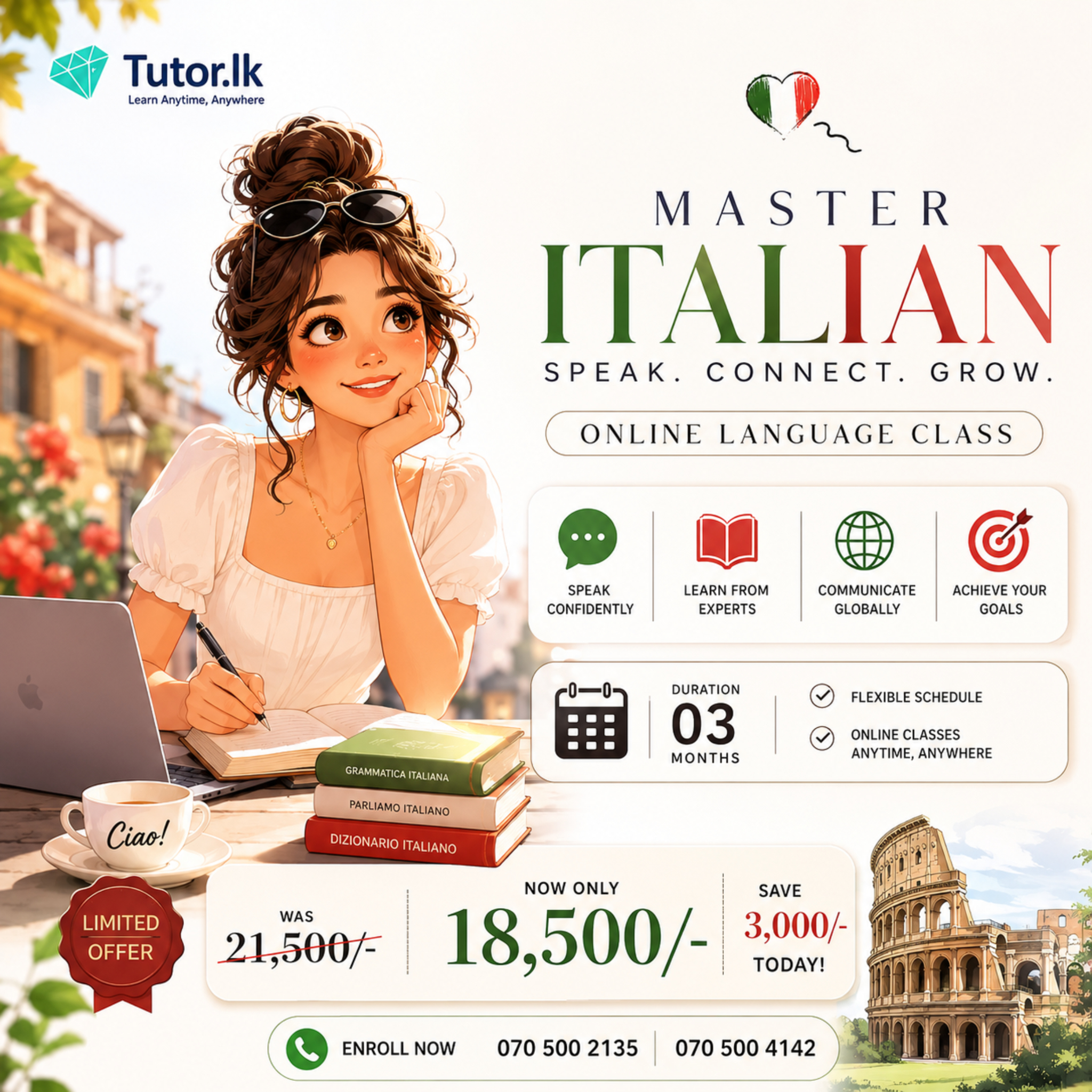 Tutor.lk Facebook ad: Italian Learn කරමු