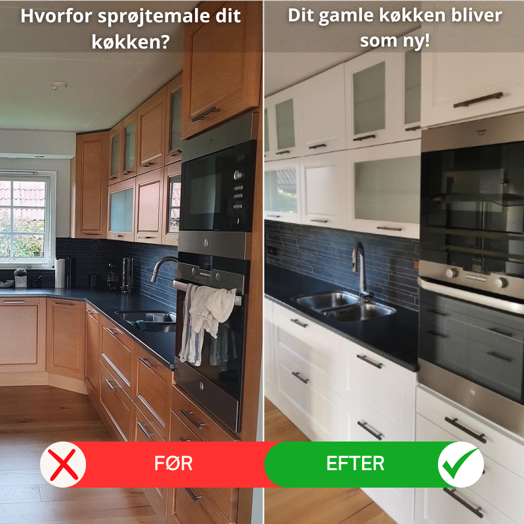Sprøjtemaling af køkkenlåger Facebook ad: Forny dit køkken med sprøjtemaling!