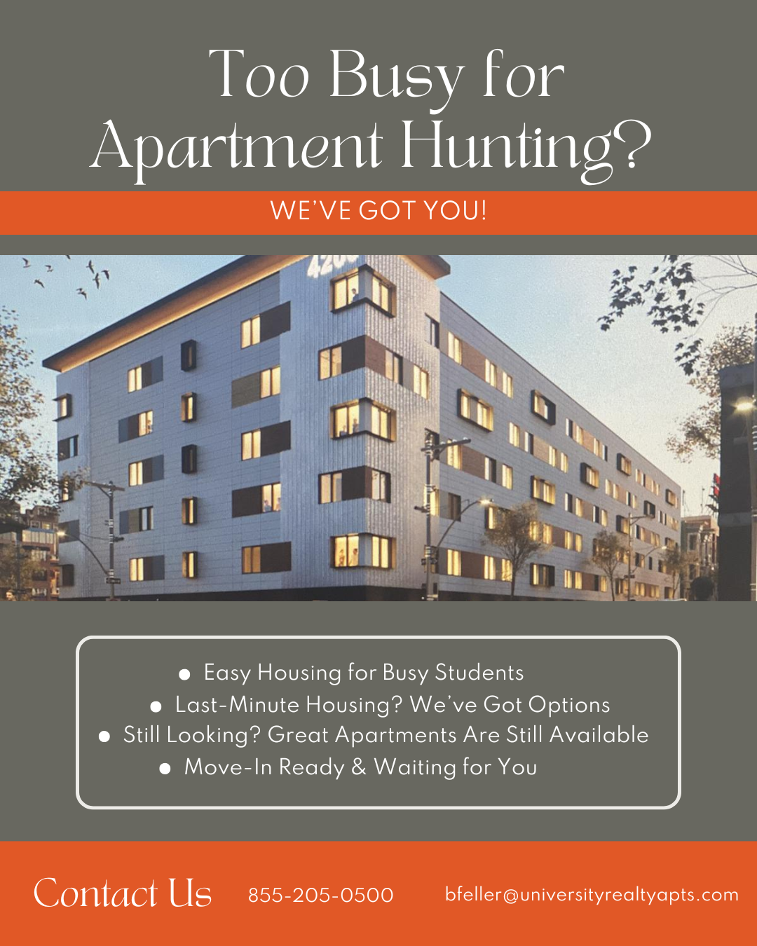 University Realty Apartments Facebook ad: Still searching for a place?