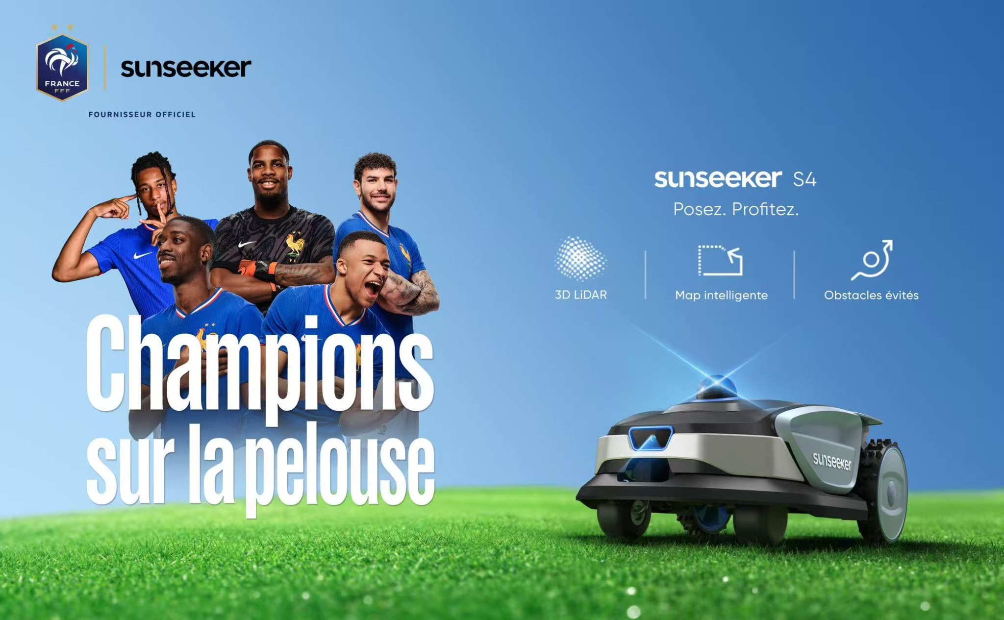 Sunseekertech Facebook ad: Champions sur la pelouse.