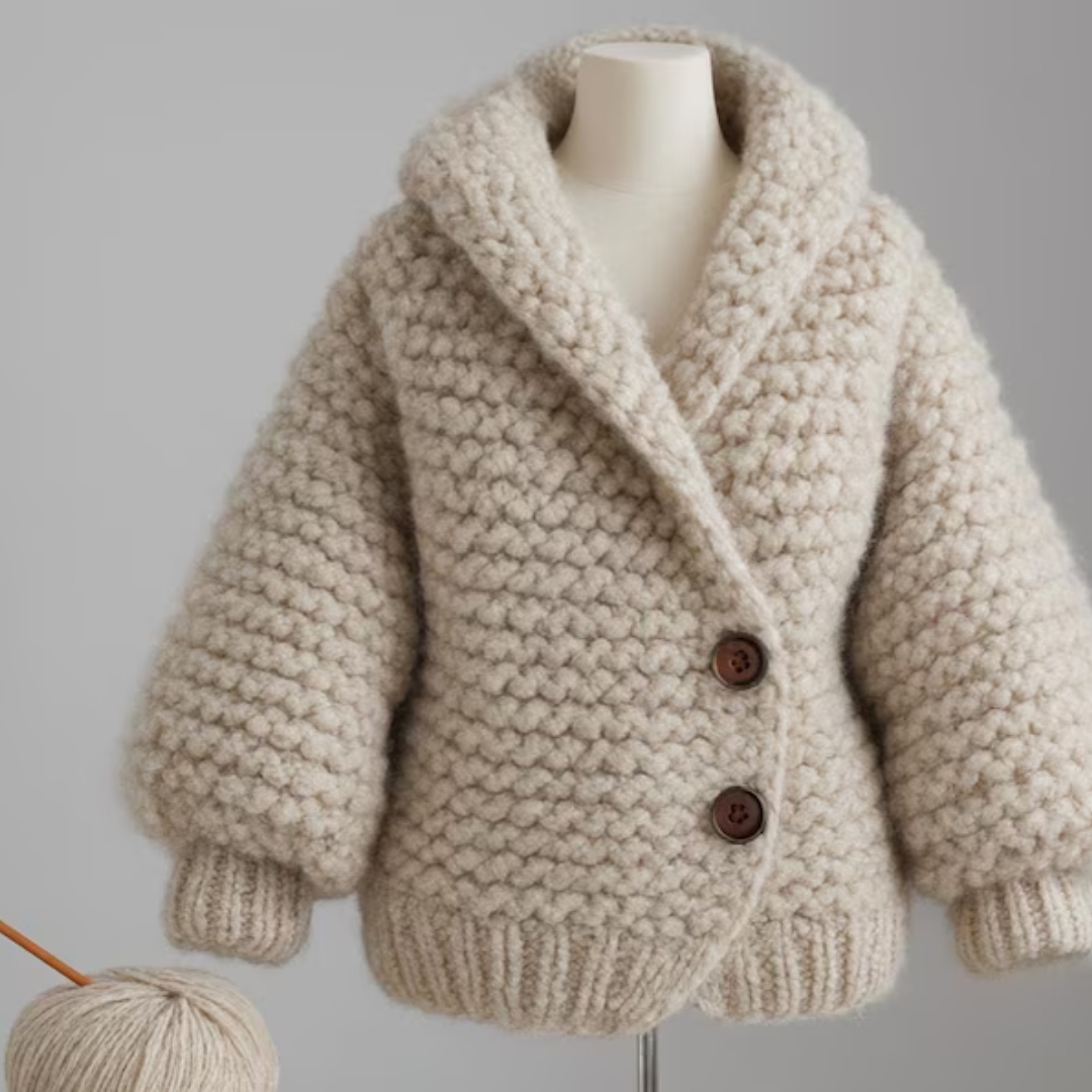 Let's Knit Facebook ad: Hearthglen Buttoned Comfort Knitting Pattern