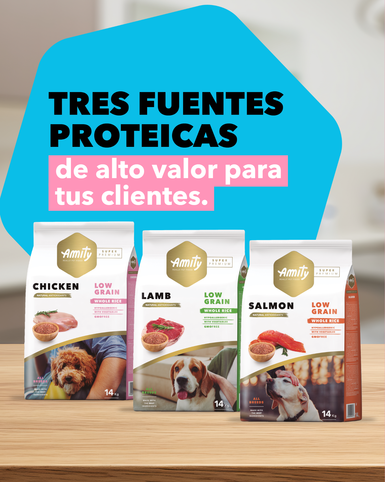 Amity Pet Food CR Facebook ad: Amity Adult Super Premium tiene tres fuentes proteicas…
