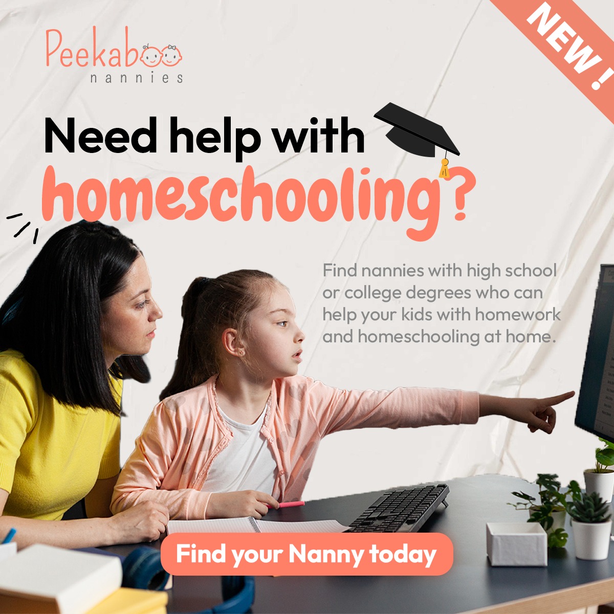 Peekaboo Nannies Facebook ad: Struggling with homework time at home?