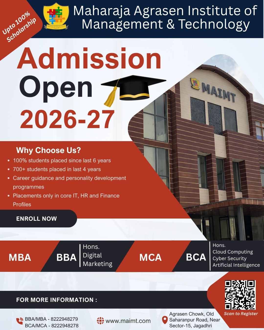 Maharaja Agrasen Institute of Management & Technology, Jagadhri - MAIMT Facebook ad: Admissions Open for the Academic Session 2026-27.