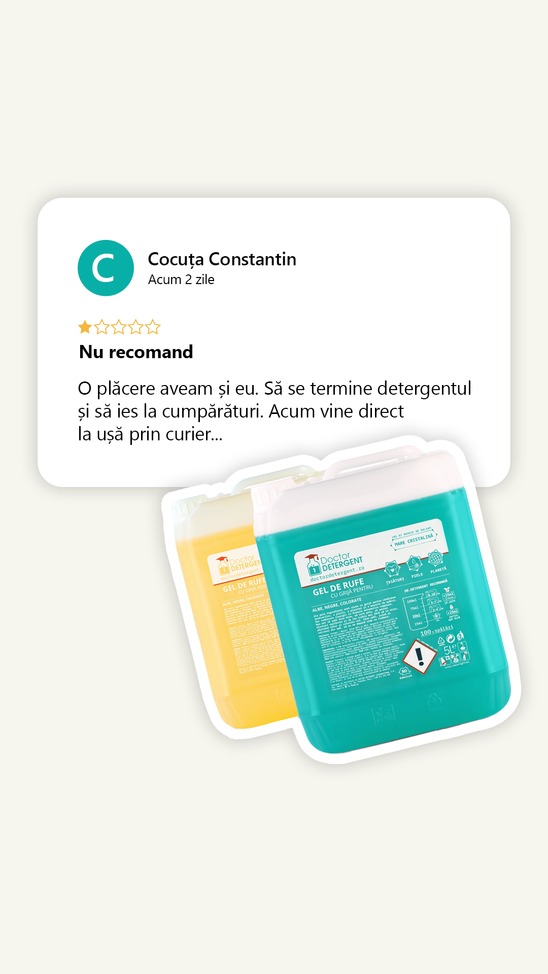 Doctor Detergent Facebook ad: Un review de o stea pe care ni-l asumăm.