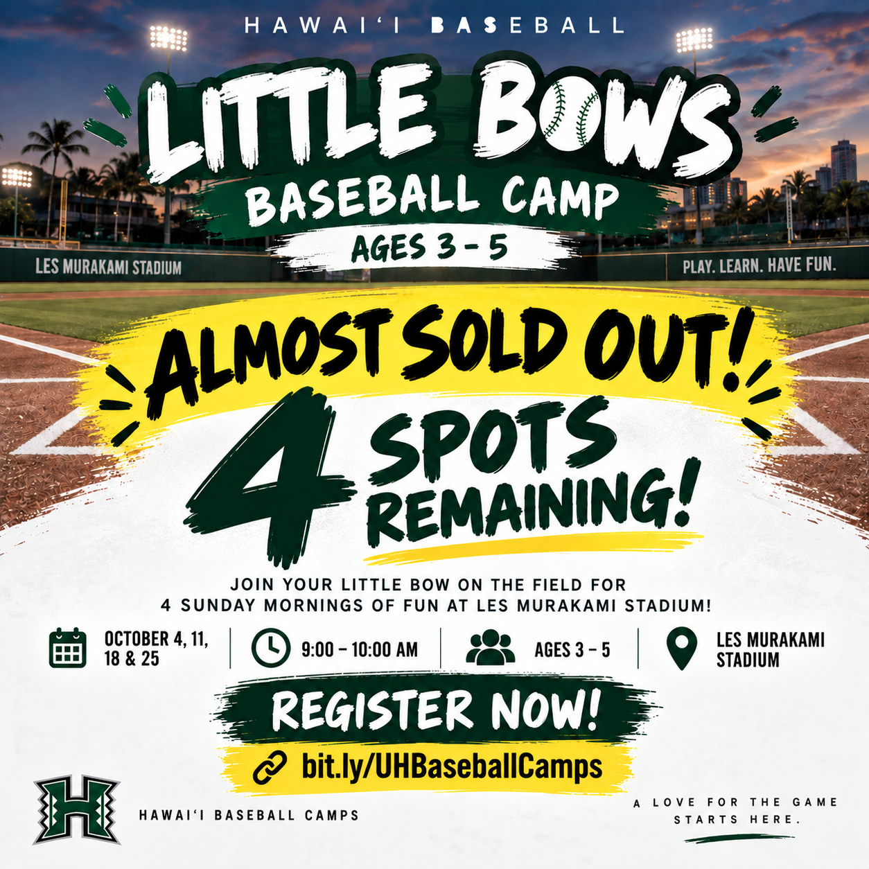 Hawaii Baseball Camps Facebook ad: Little Bows Baseball, Ages 3-5 TeeBall at the Les!