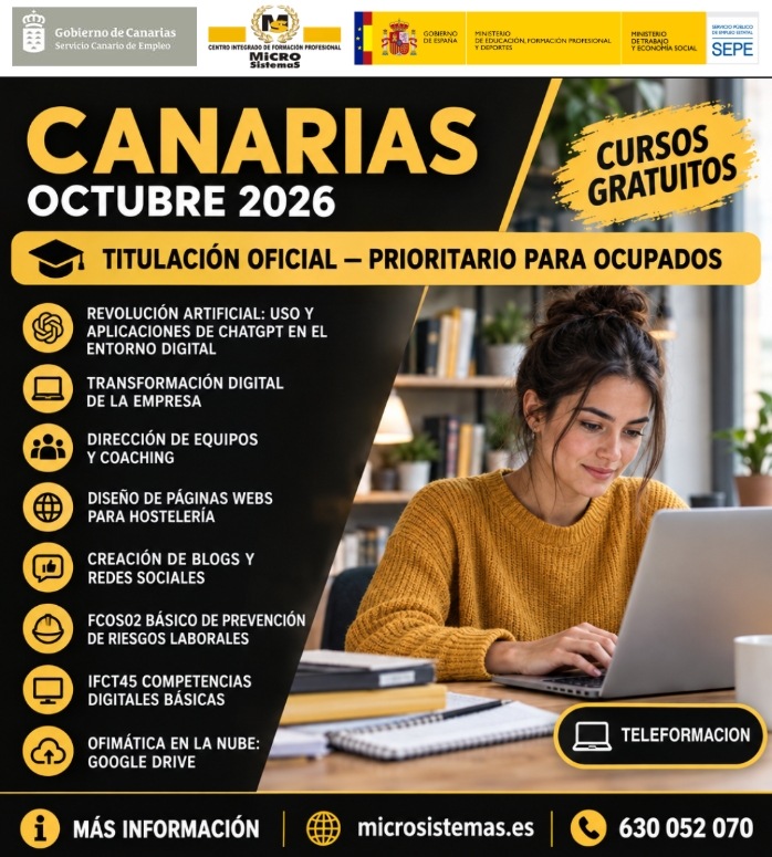 Centro Integrado de Formación Profesional Microsistemas Facebook ad: CURSOS GRATUITOS Y ONLINE, CANARIAS · OCTUBRE 2026