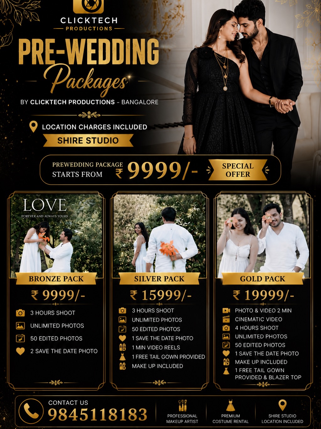 Clicktech Productions Facebook ad: PREWEDDING SHOOT PACKAGES IN BANGALORE
