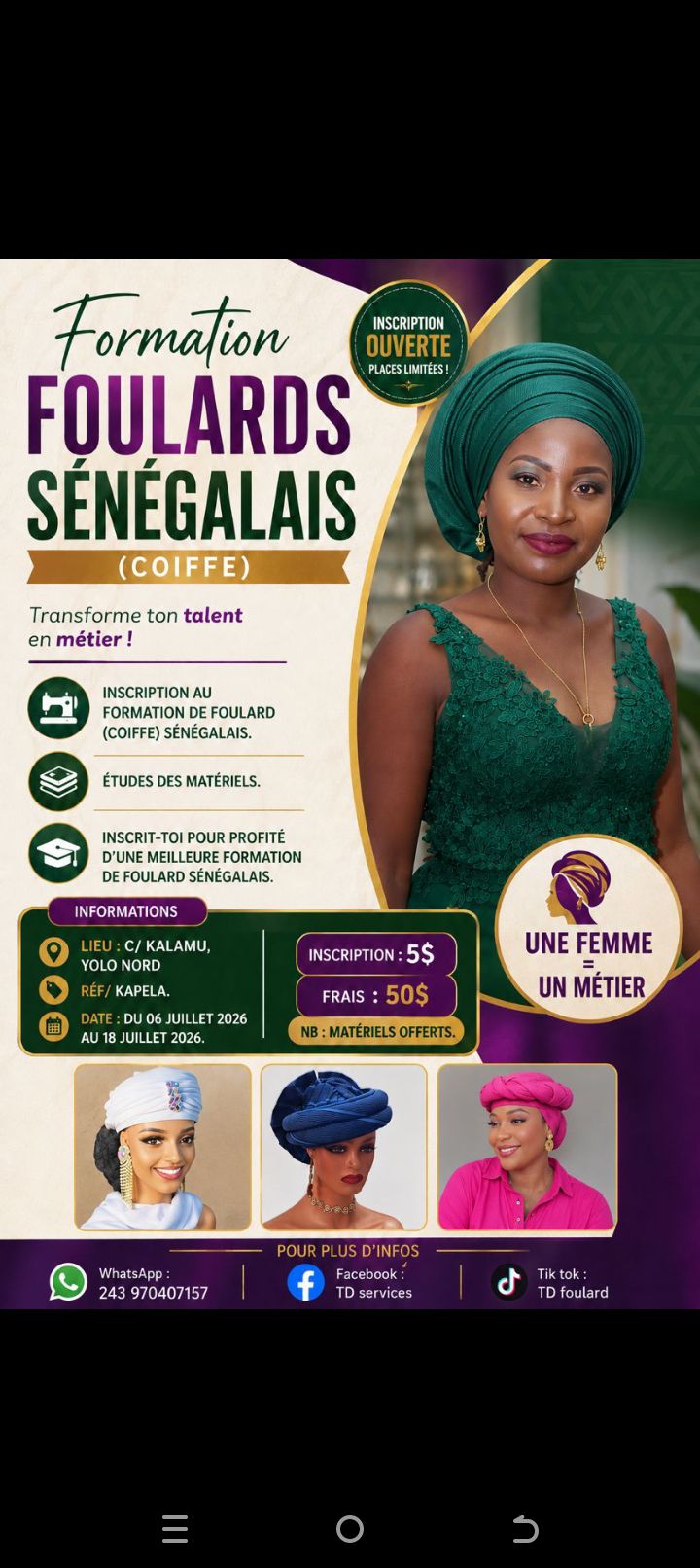TDservices Facebook ad: Matériels gratuiiii L'inscription à la FORMATION FOULARD…