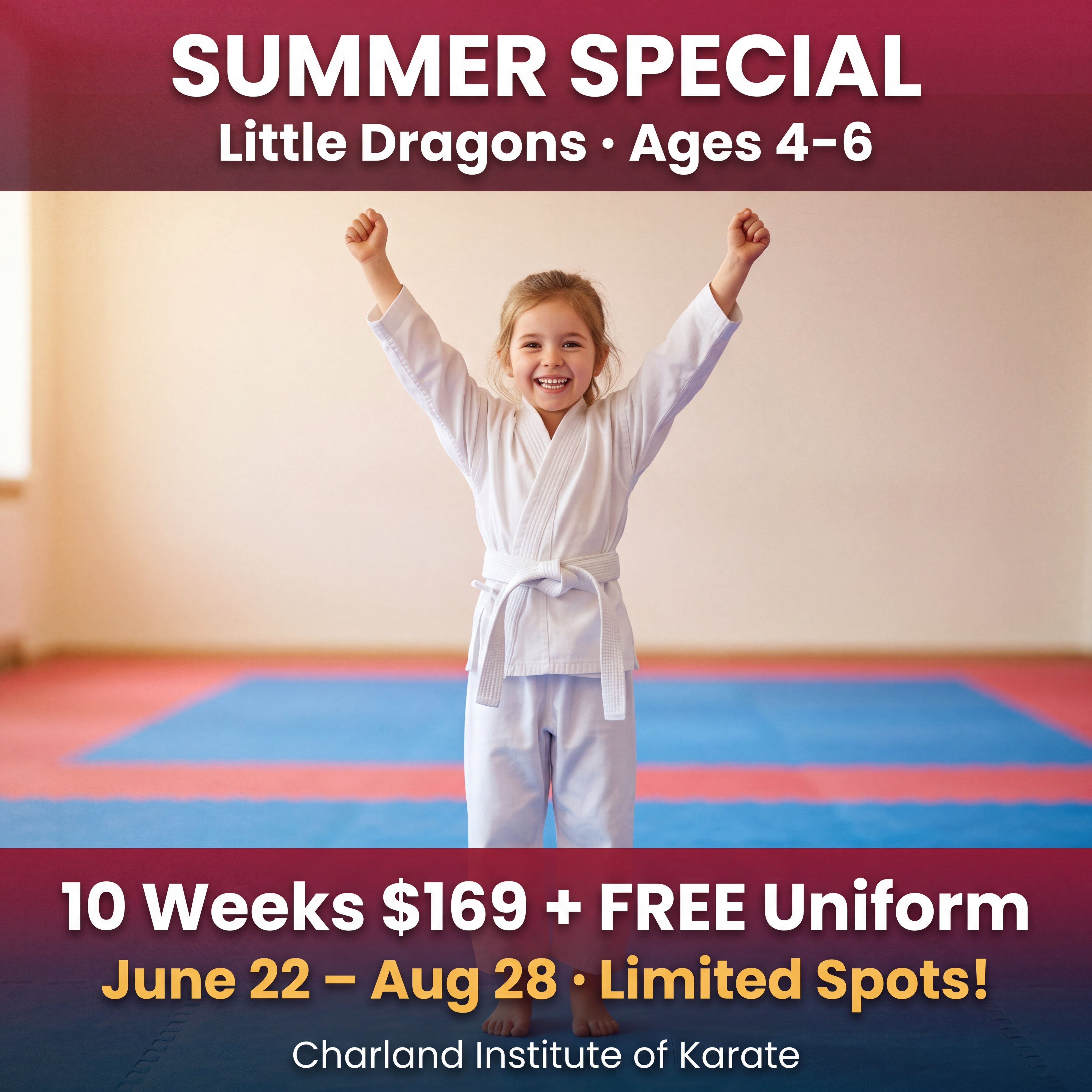 The Charland Institute of Karate & Fitness LLC Facebook ad: Little Dragons Summer Special, Ages 4-6