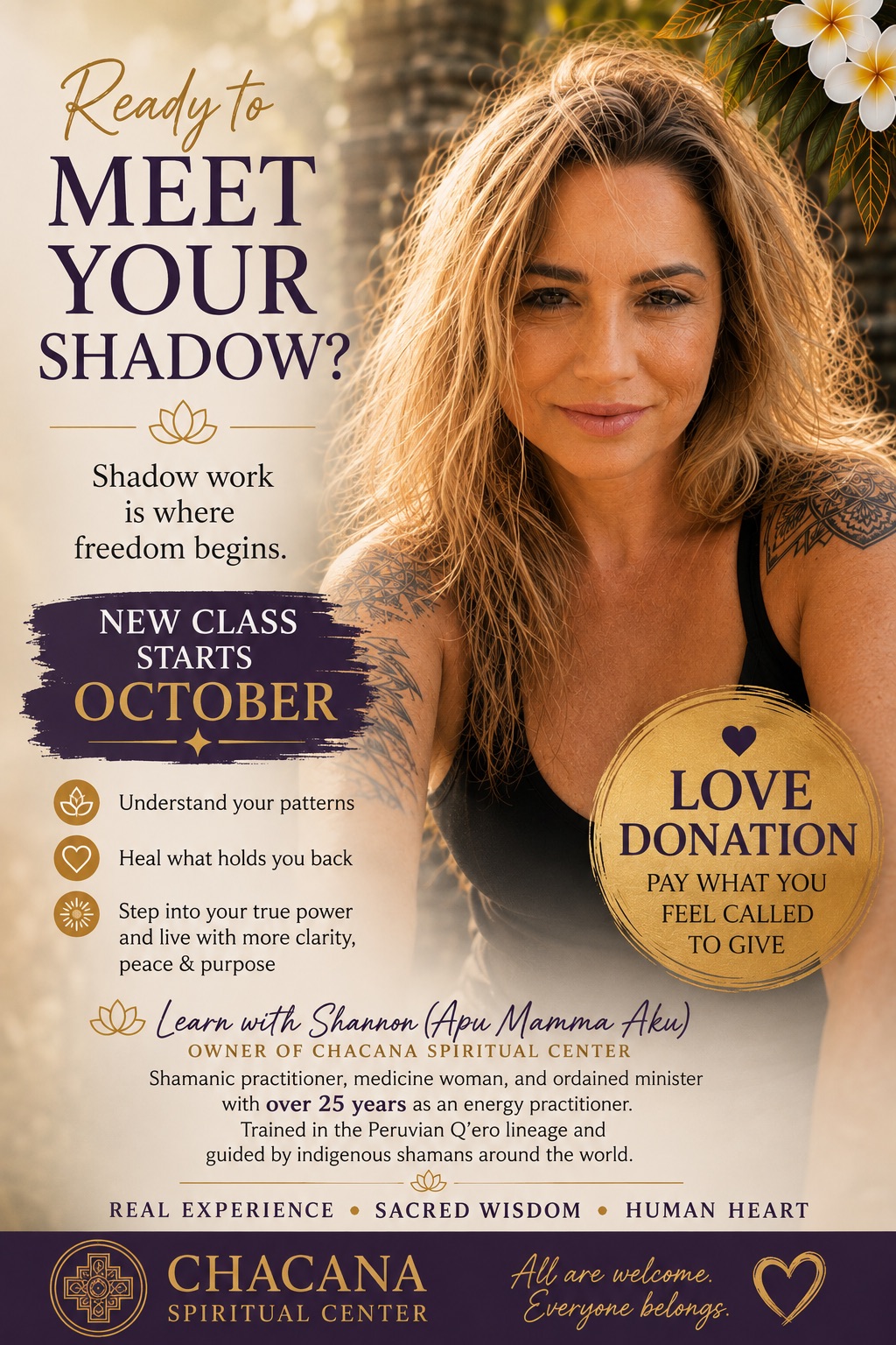 The Chacana Spiritual Center Facebook ad: Shadow Work Class - love donation