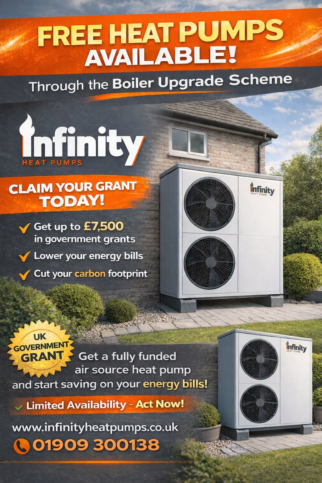 Infinity Heat Pumps Facebook ad: That means the grant covers the cost of…