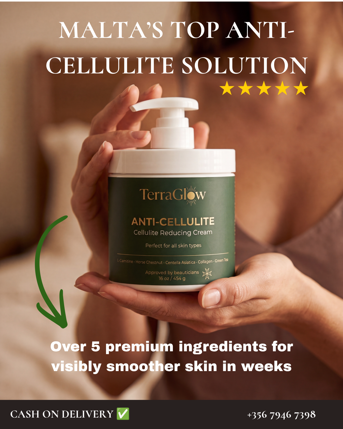 TerraGlow Facebook ad: L-unika Anti-Cellulite Cream f'Malta li fih l-ingredjenti…