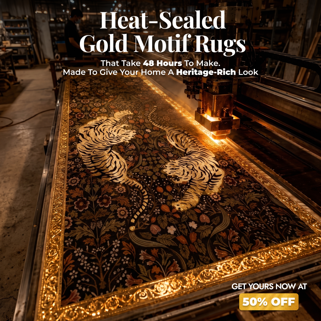 PittariSpaces Facebook ad: Flat 50% Off on Gold-Pressed Luxury Rugs