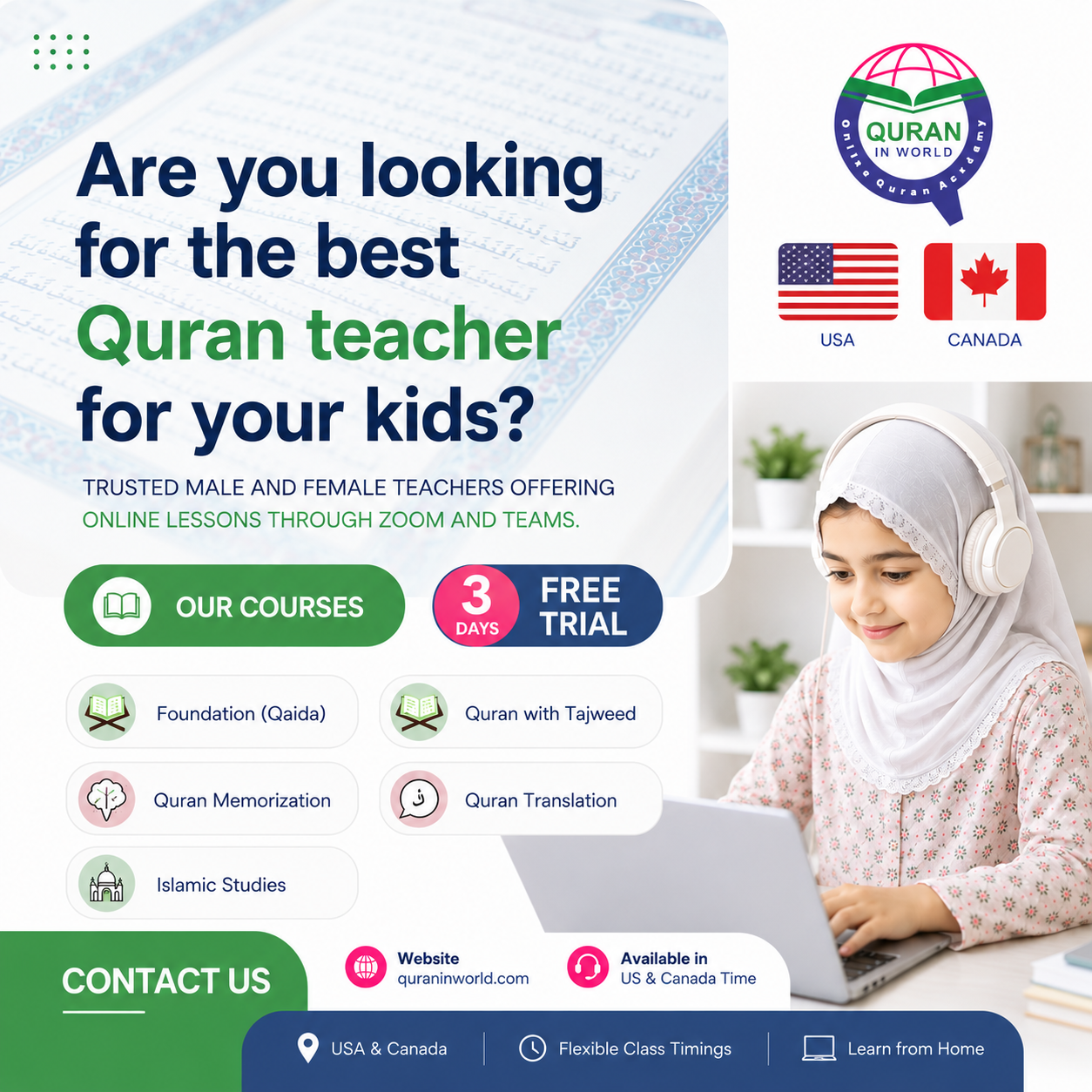 Quran In World Facebook ad: Online Quran Classes for Kids, Free Trial Today