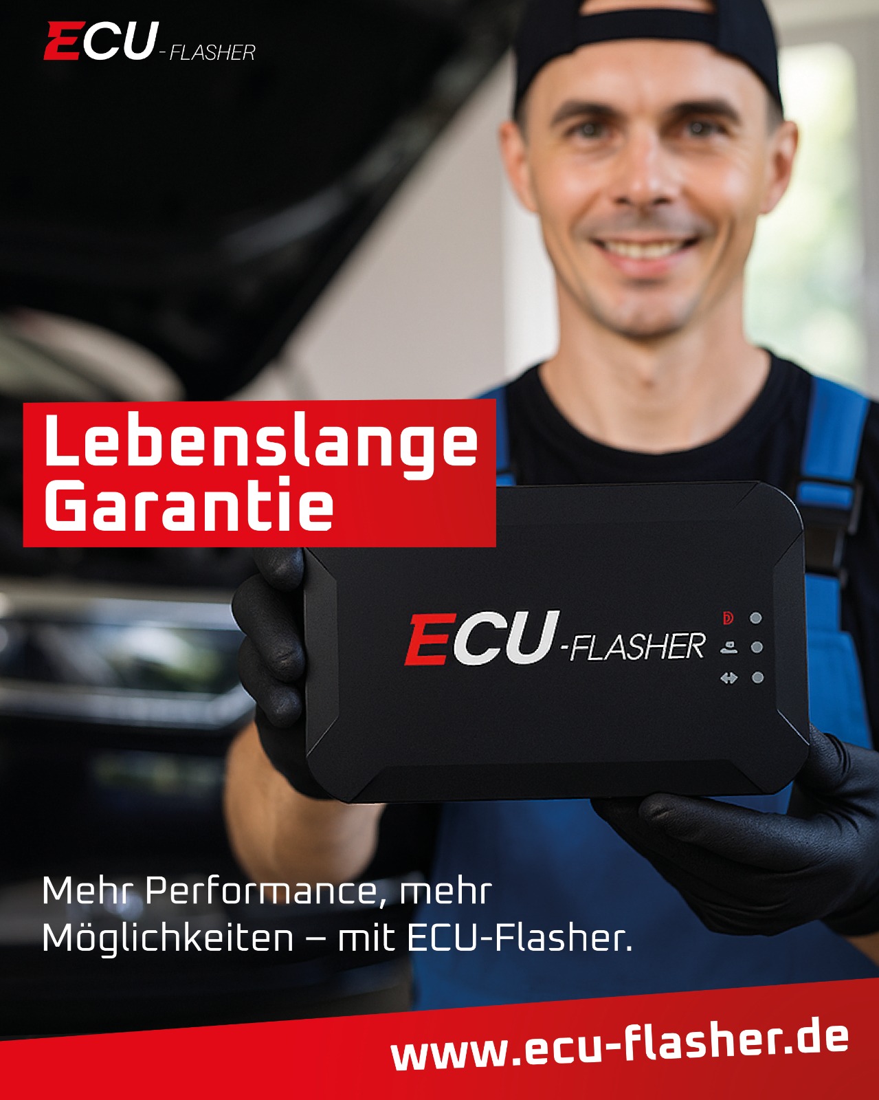 Tuningflasher Facebook ad: ECU-Flasher, für deine KFZ-Werkstatt.