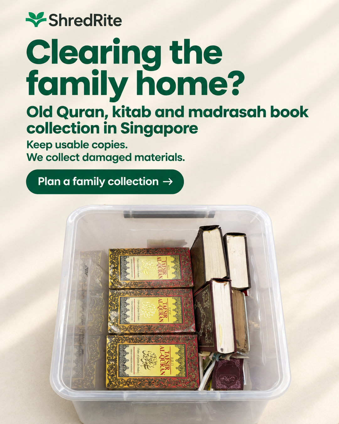 ShredRite Facebook ad: Old Quran, kitab and madrasah book collection in Singapore