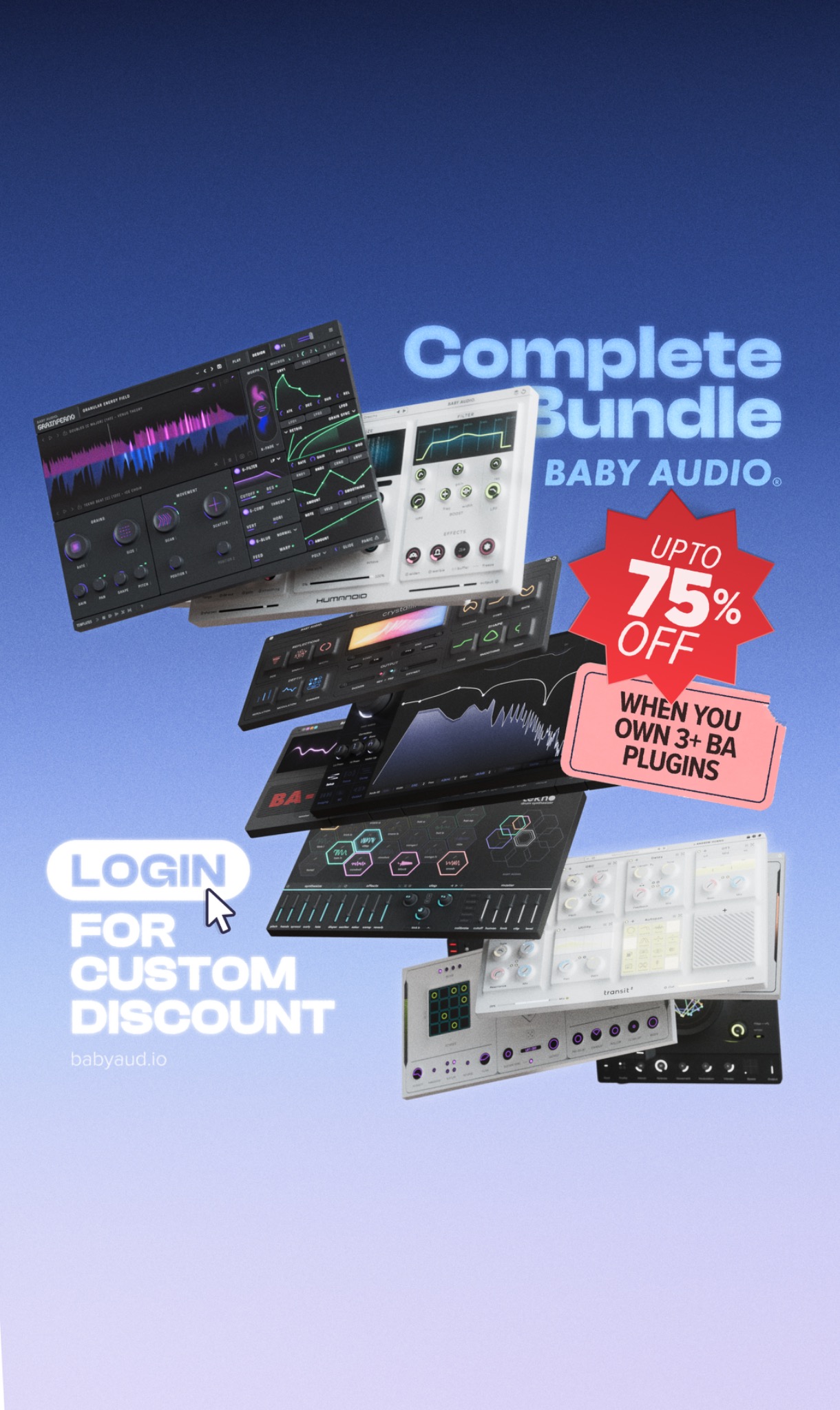 Baby Audio Facebook ad: Login for Your Custom Discount - Up to 75% Off
