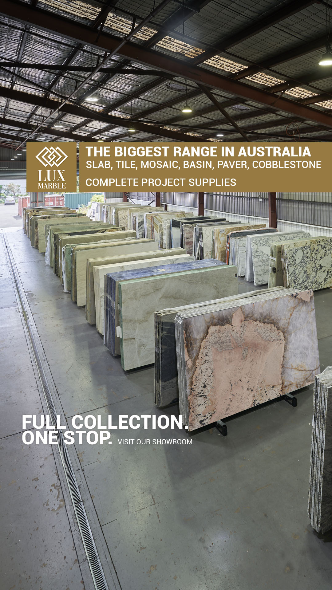 Luxmarble Facebook ad: Discover the complete range, from slabs to tiles…