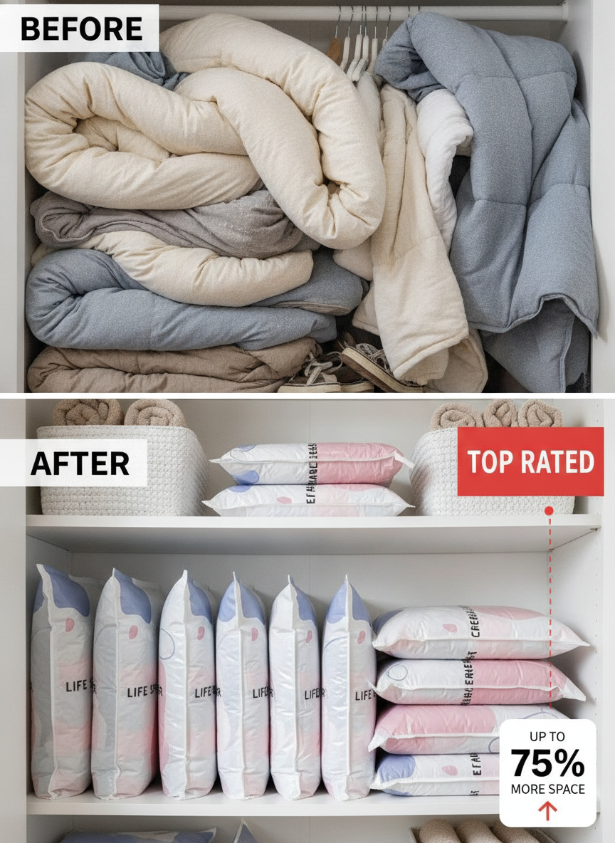 Coffroutils Facebook ad: No-Pump Vacuum Storage Compression Bags