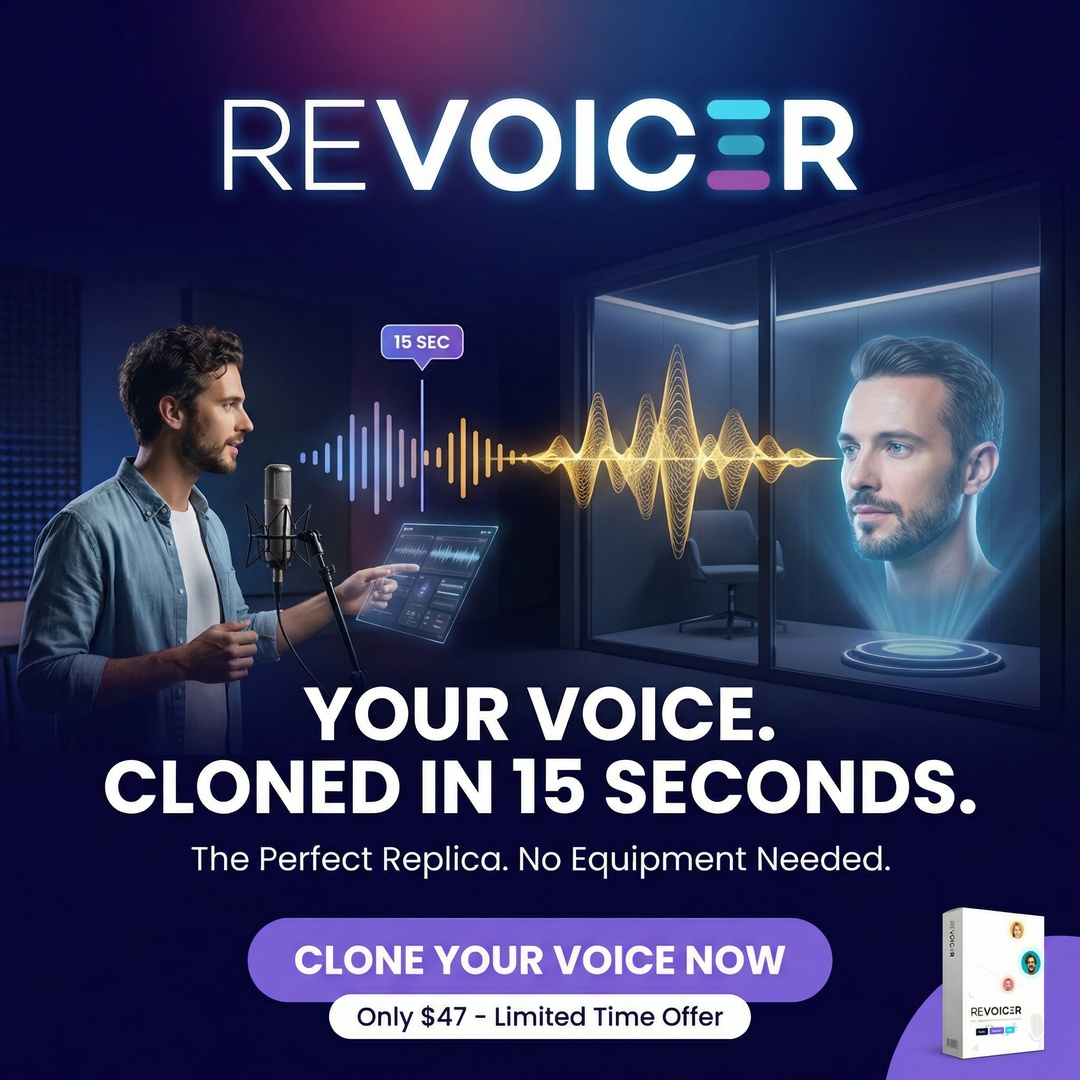 Revoicer - AI Text To Speech Facebook ad: Clone Your Voice With 15s Of Audio.