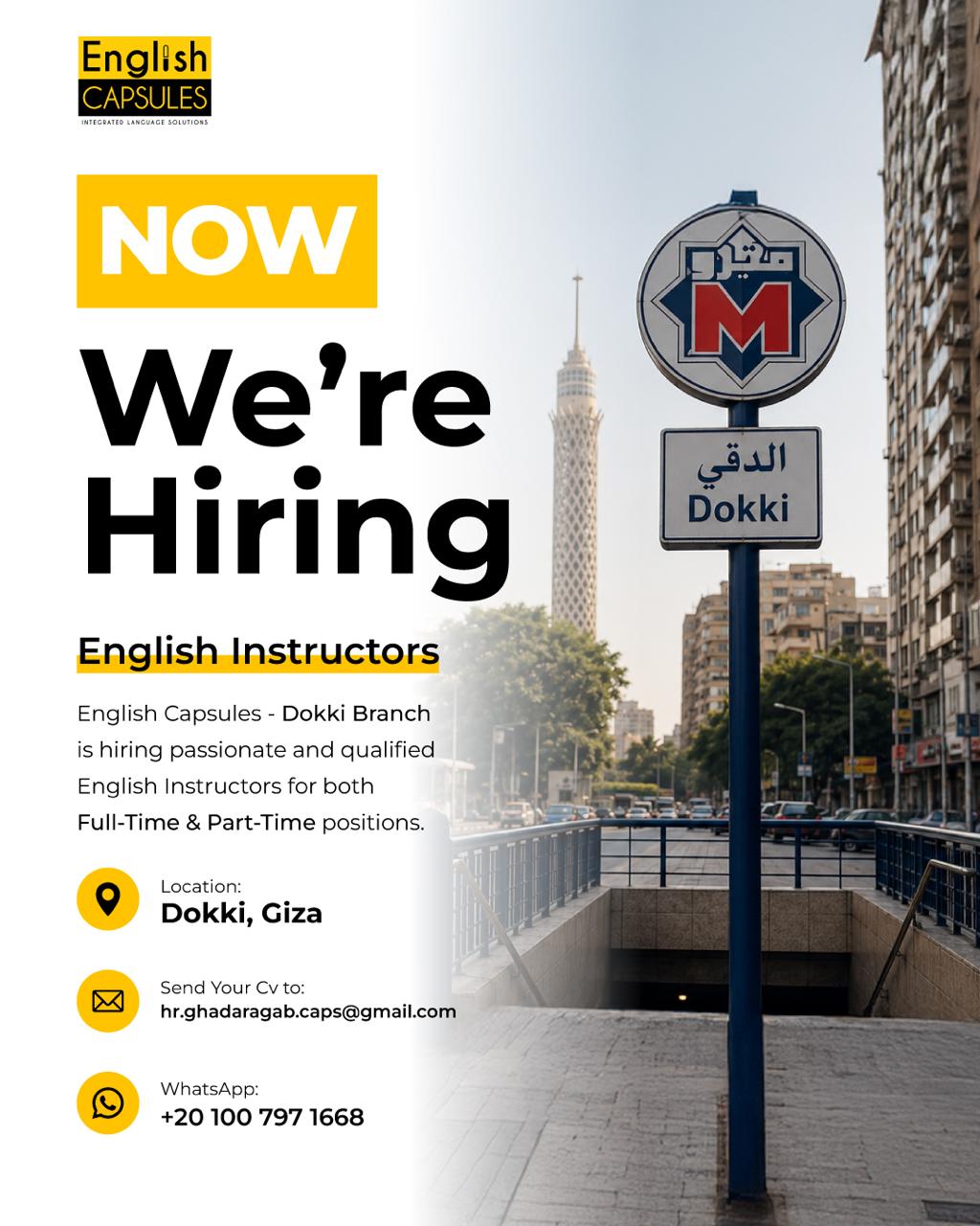 English Capsules Facebook ad: We Are hiring English Instructors