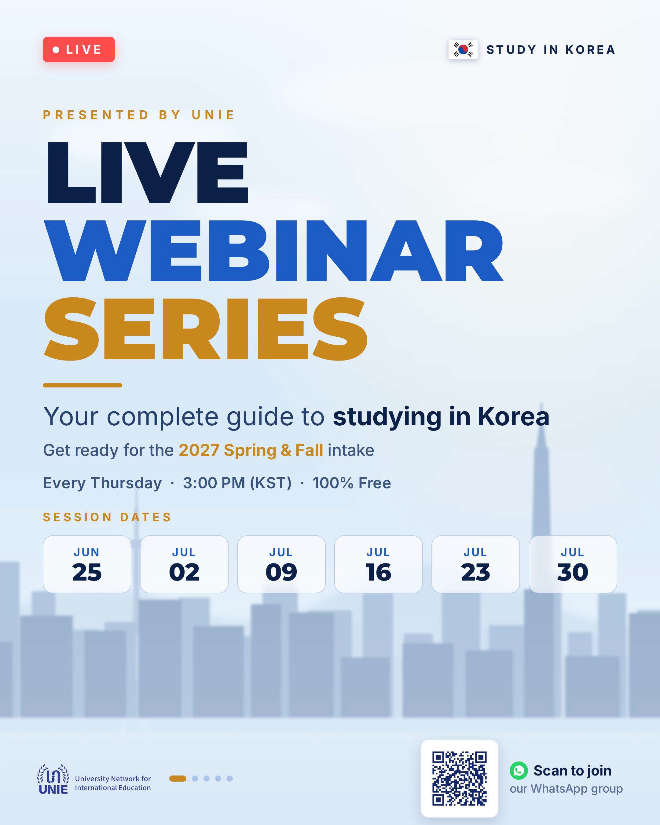 Unie kr Facebook ad: Free LIVE webinars for future students in Korea…
