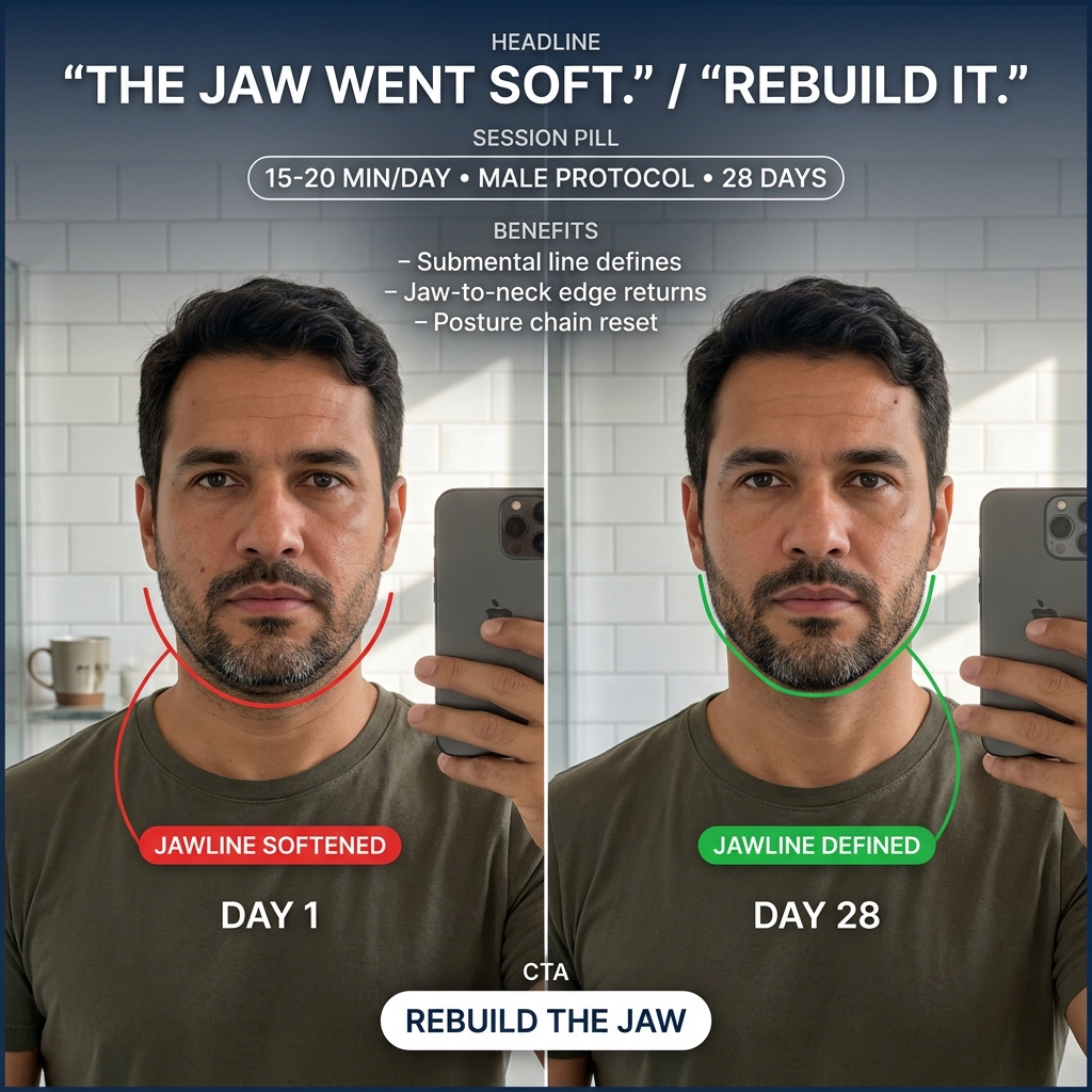Faceplastica & Biohacking Program for Men Facebook ad: Sharp jaw in 28 days · $1 today