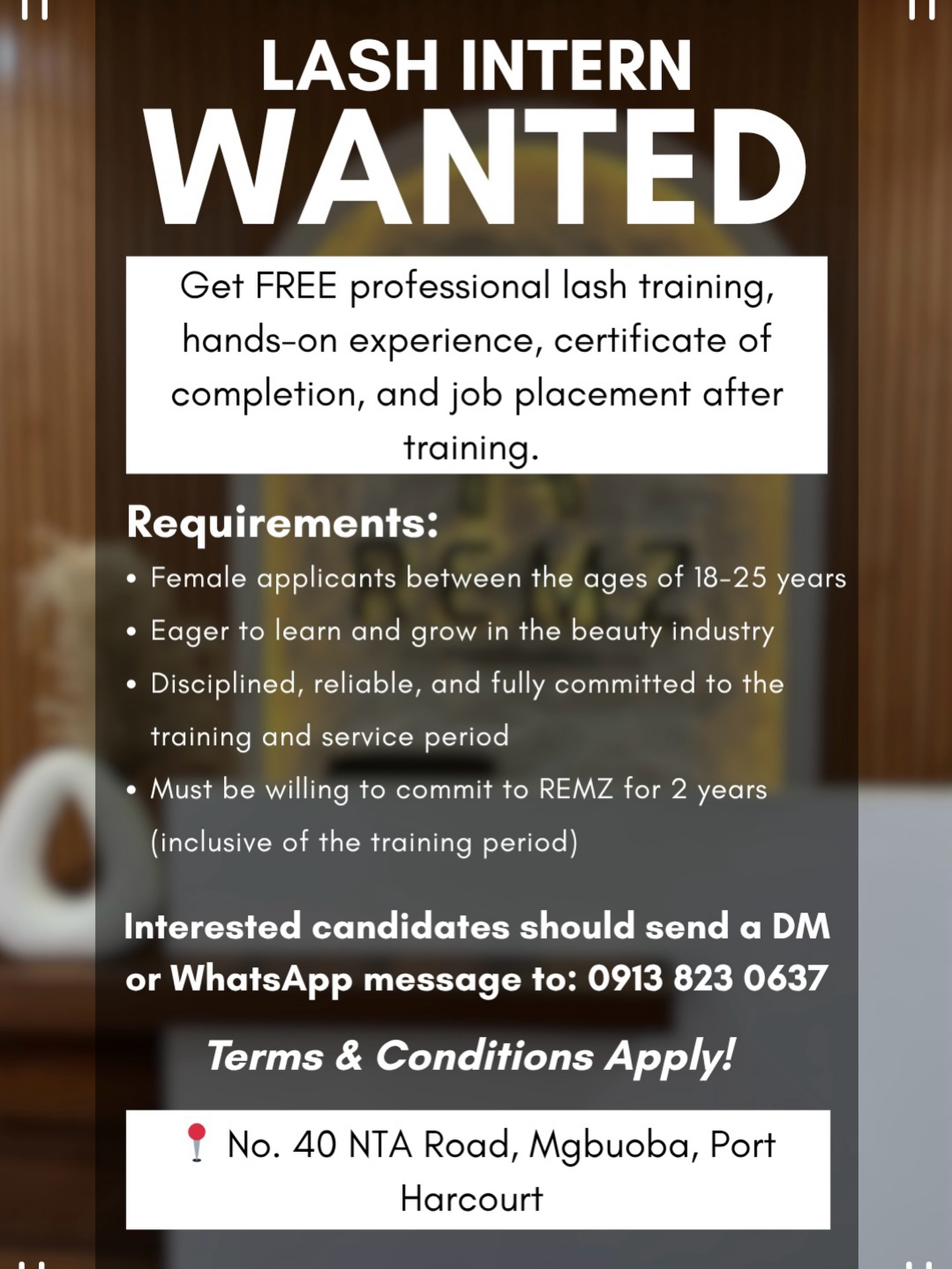Remz Aesthetics Facebook ad: Lash Intern Wanted