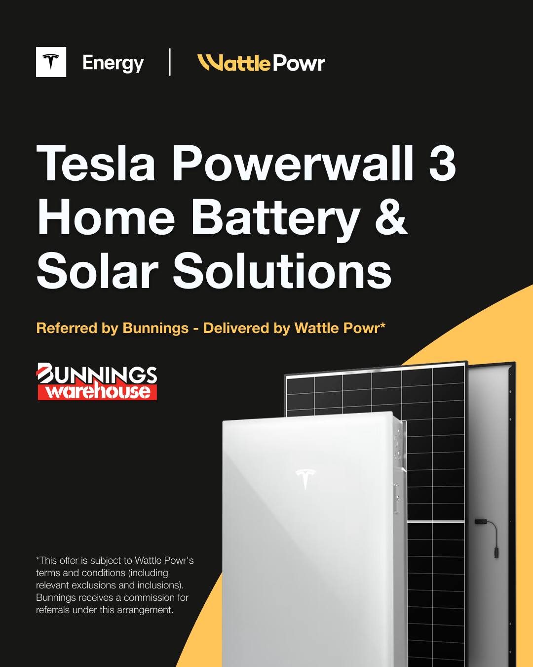 Wattle Powr Facebook ad: Save on Solar & Powerwall 3 | Tesla & Bunnings Offer…