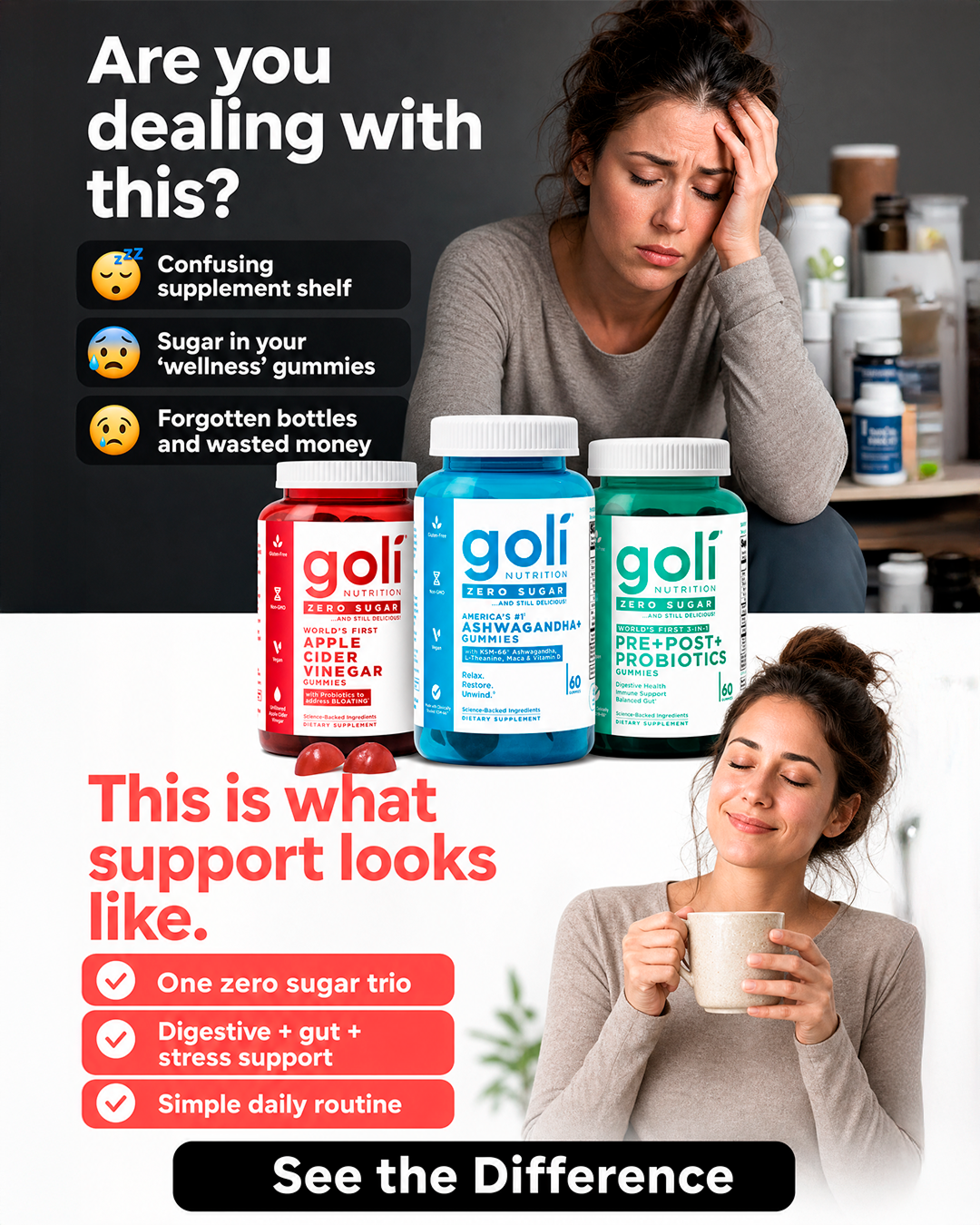 Goli Facebook ad: Digestion, Gut & Stress in Three Gummies