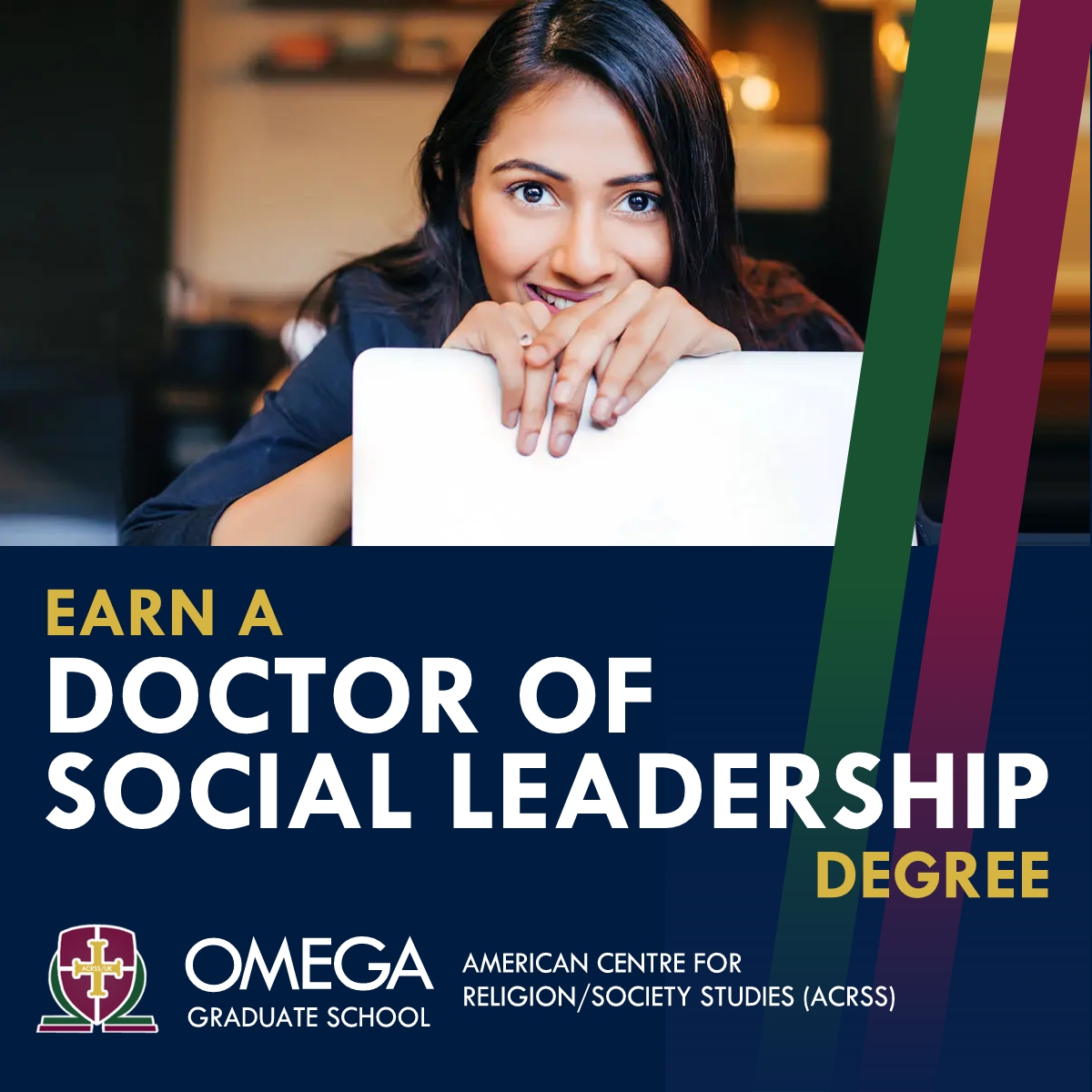 Omega Graduate School Facebook ad: Earn a Doctor of Social Leadership (DSL) degree…