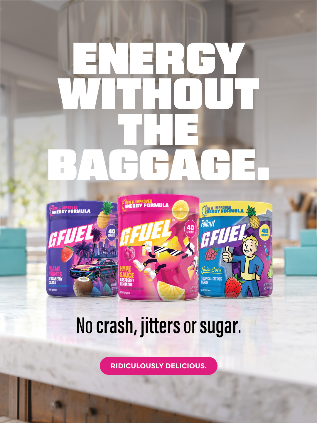 G FUEL Facebook ad: Start Here. Fuel Everything.