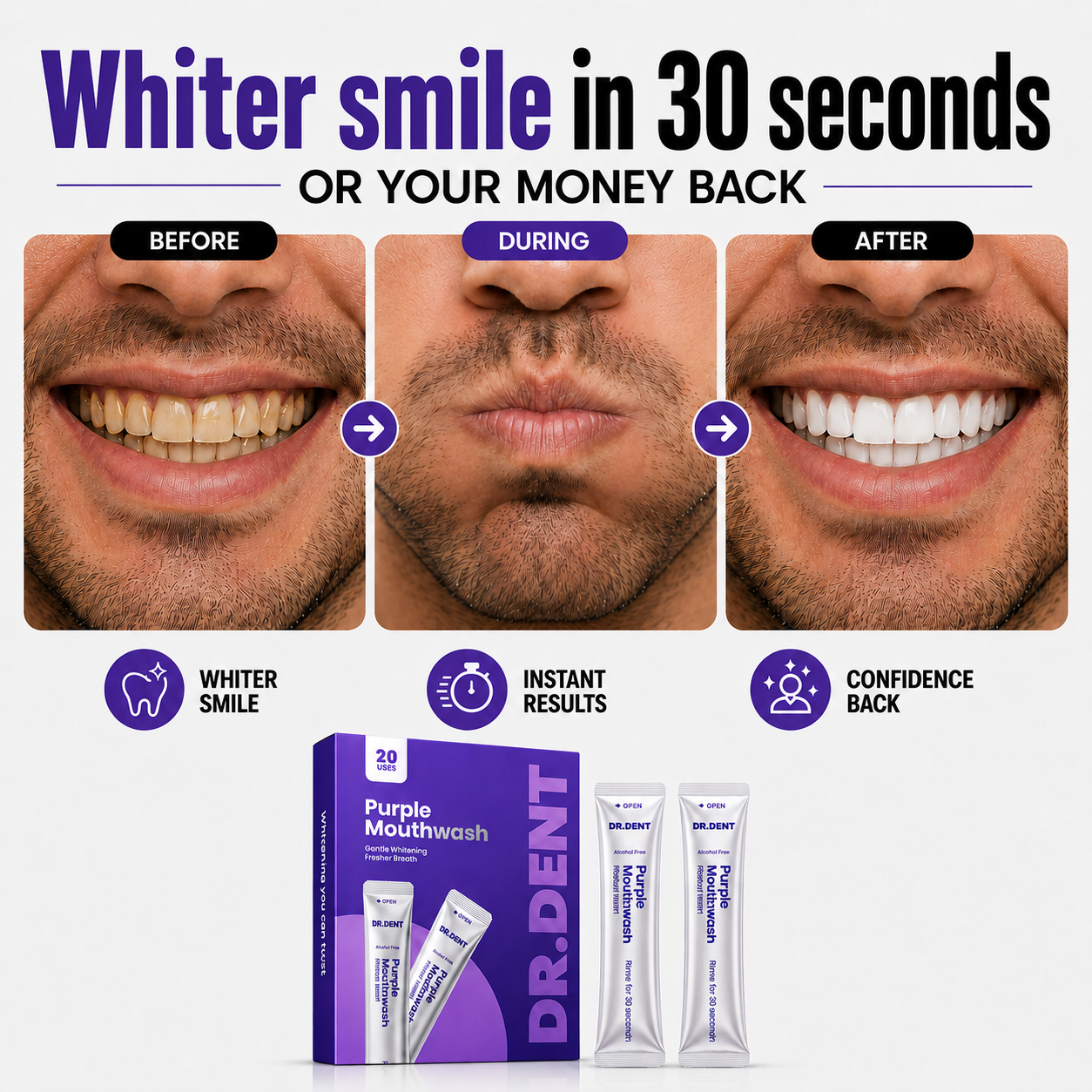 LuminoHealth Facebook ad: Whiter Smile In 30 Seconds Or It's Free