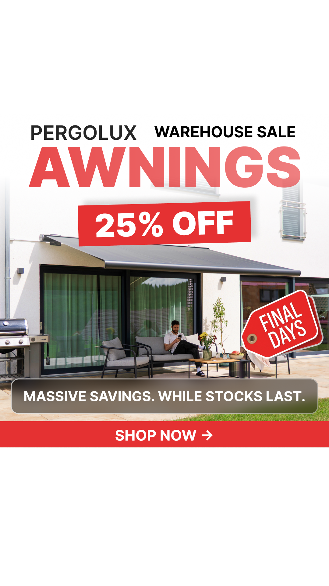 pergolux.au Facebook ad: 25% Off All Awnings