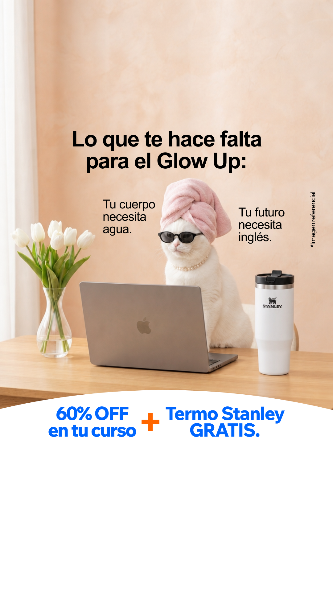Open English Facebook ad: Inscríbete y recibe un termo Stanley