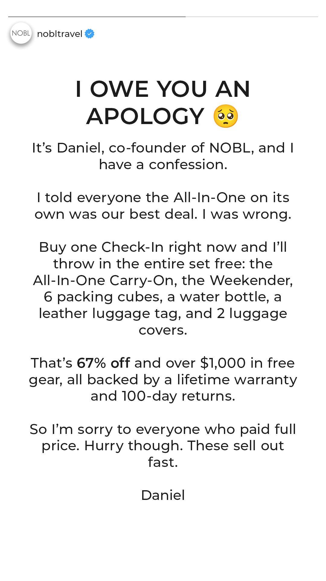 Daniel - Nobl Travel Founder Facebook ad from Jun 17, 2026