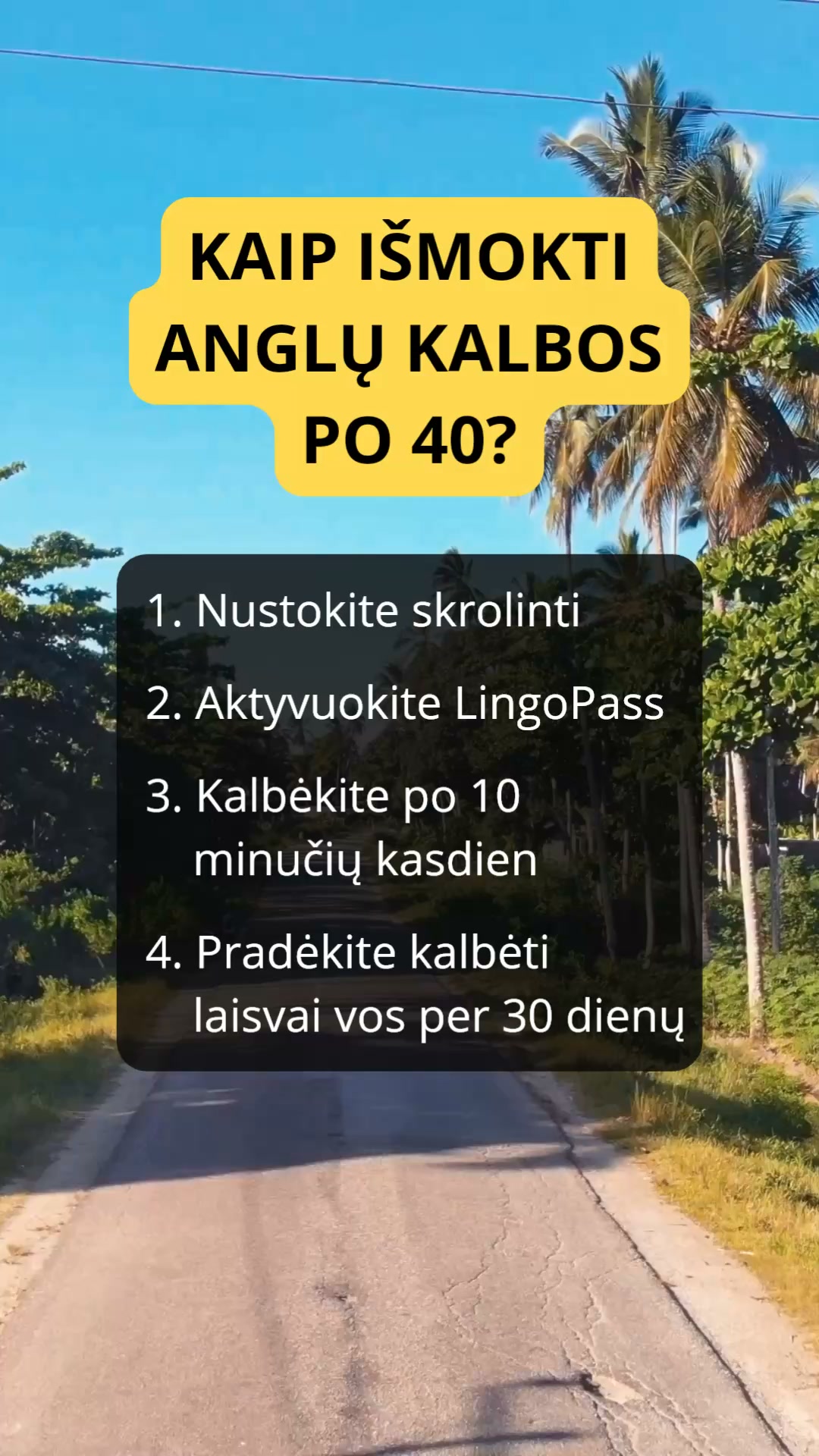LingoPass Facebook ad: Anglų kalba suaugusiems per 30 dienų