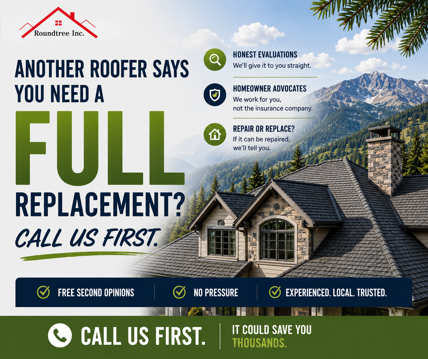 Roundtree, Inc. Facebook ad: $1,000 OFF Roof Replacement
