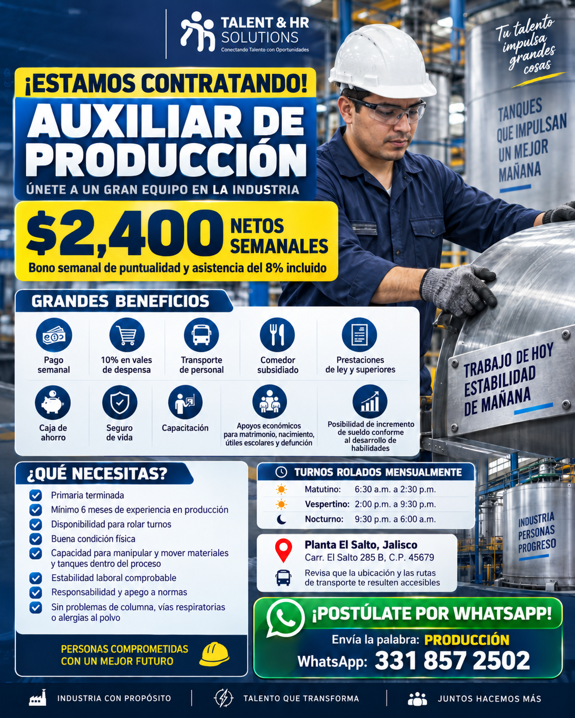 Talent & HR Solutions Facebook ad: Auxiliar de Producción | $2,400 semanales