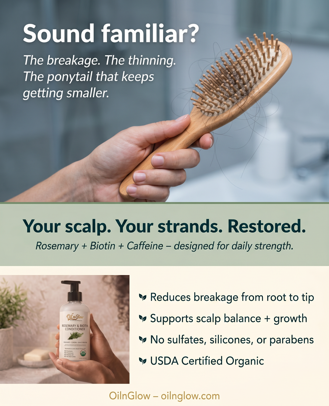 OilnGlow Facebook ad: Support Your Scalp. Strengthen Your Hair.