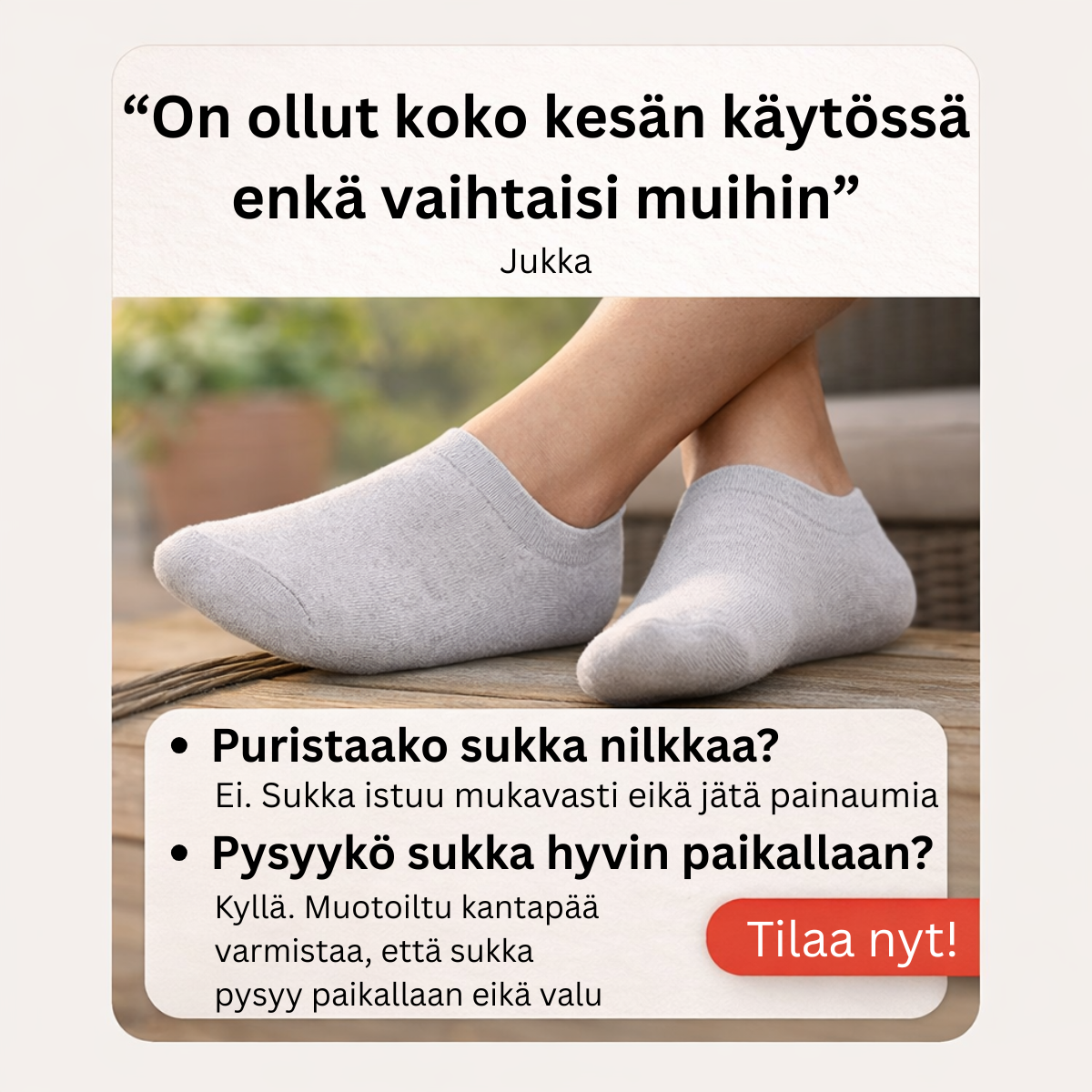 Karkelon Sukka Oy Facebook ad: Varrettomat Hyvänolon sukat, nauti kesäpäivistä