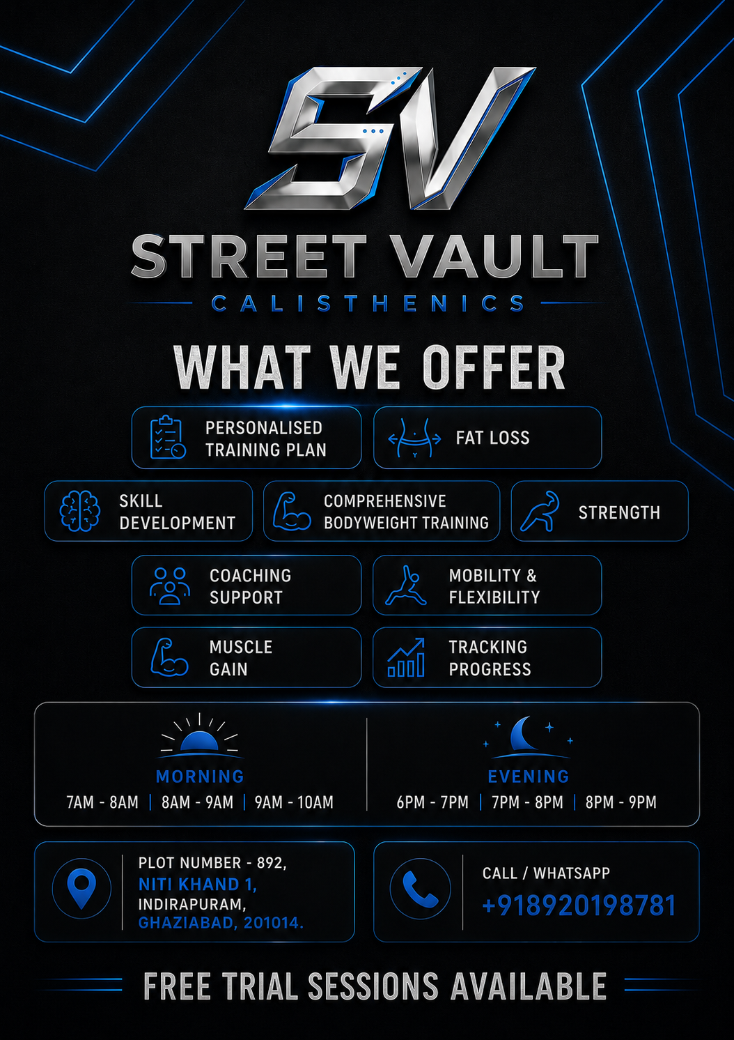 Street Vault Calisthenics Academy Facebook ad: INDIRAPURAM, IT’S TIME TO LEVEL UP.