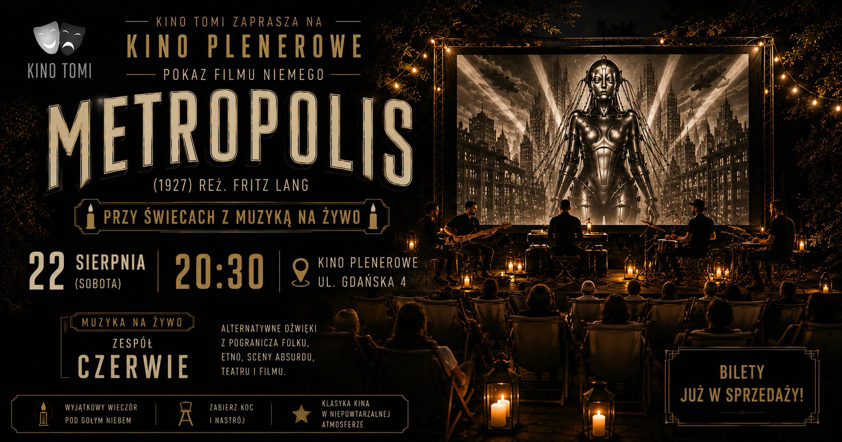 Kino Teatr Tomi Facebook ad: METROPOLIS (1927) - kino plenerowe z muzyką na żywo