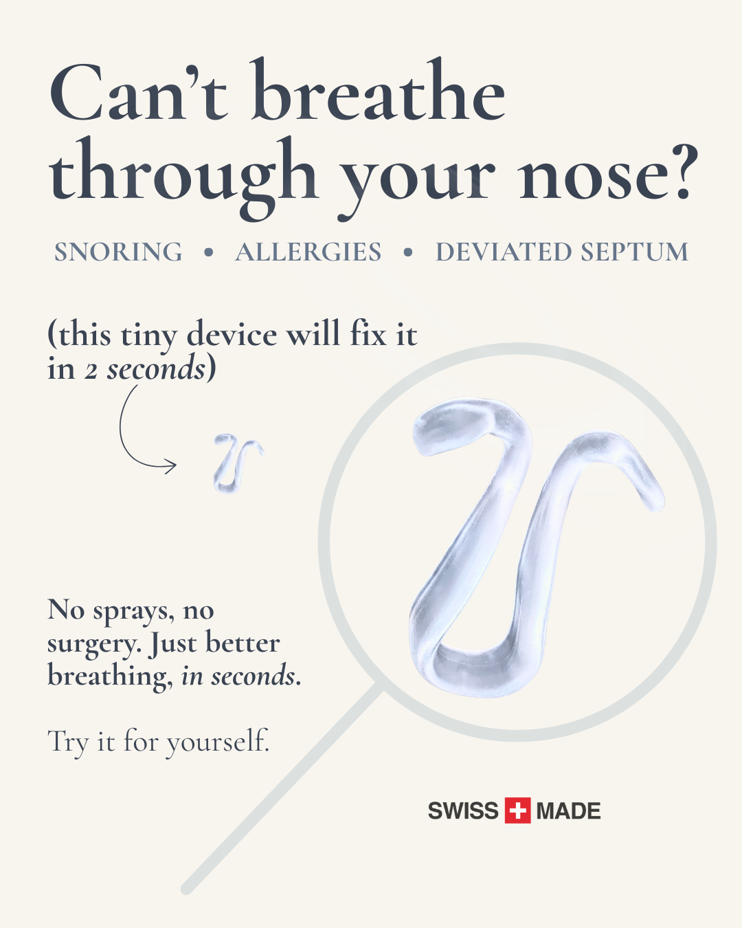 SnoreLessNow Facebook ad: Tiny Device, Big Relief