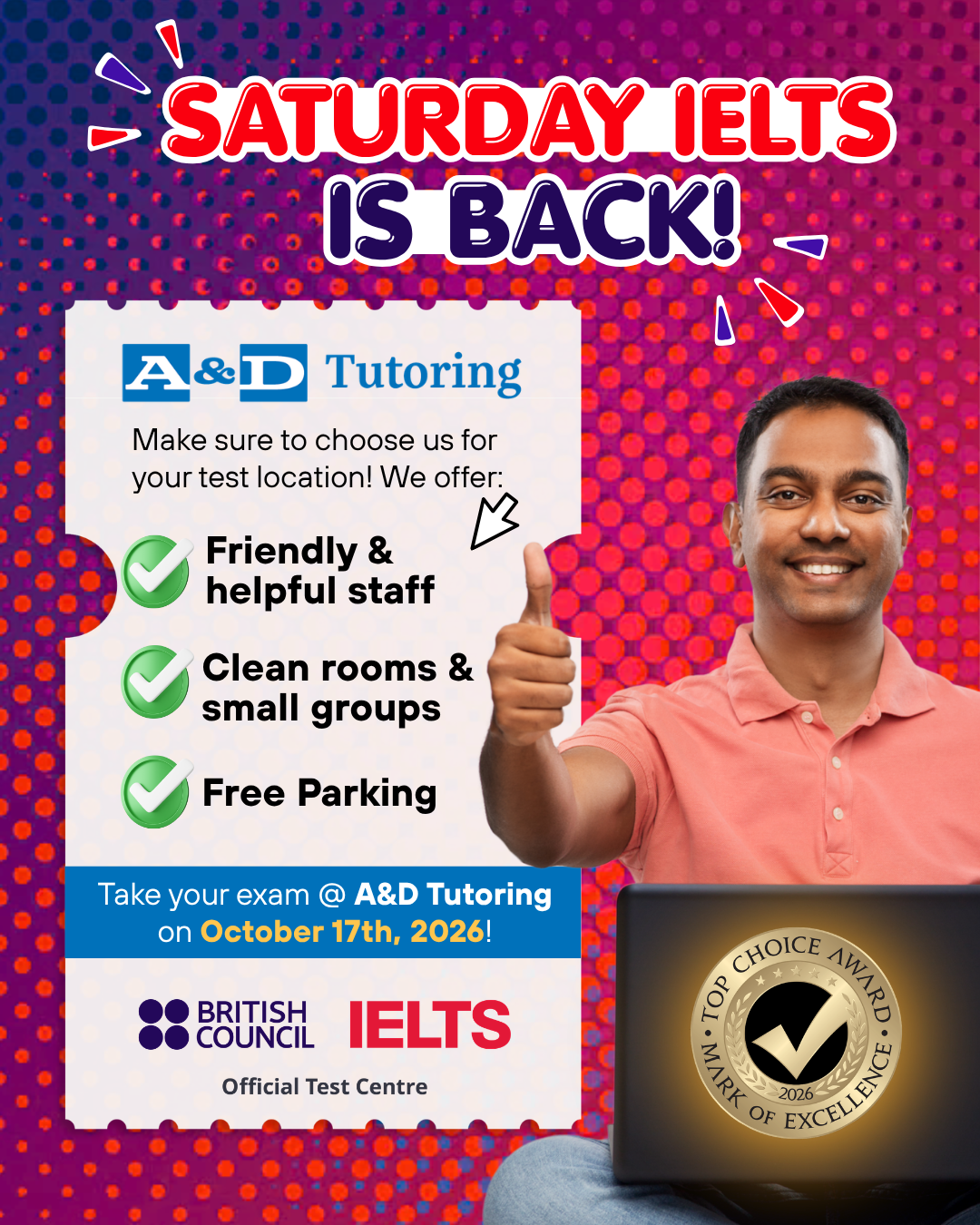 A&D Tutoring Facebook ad: Top Choice IELTS Testing!