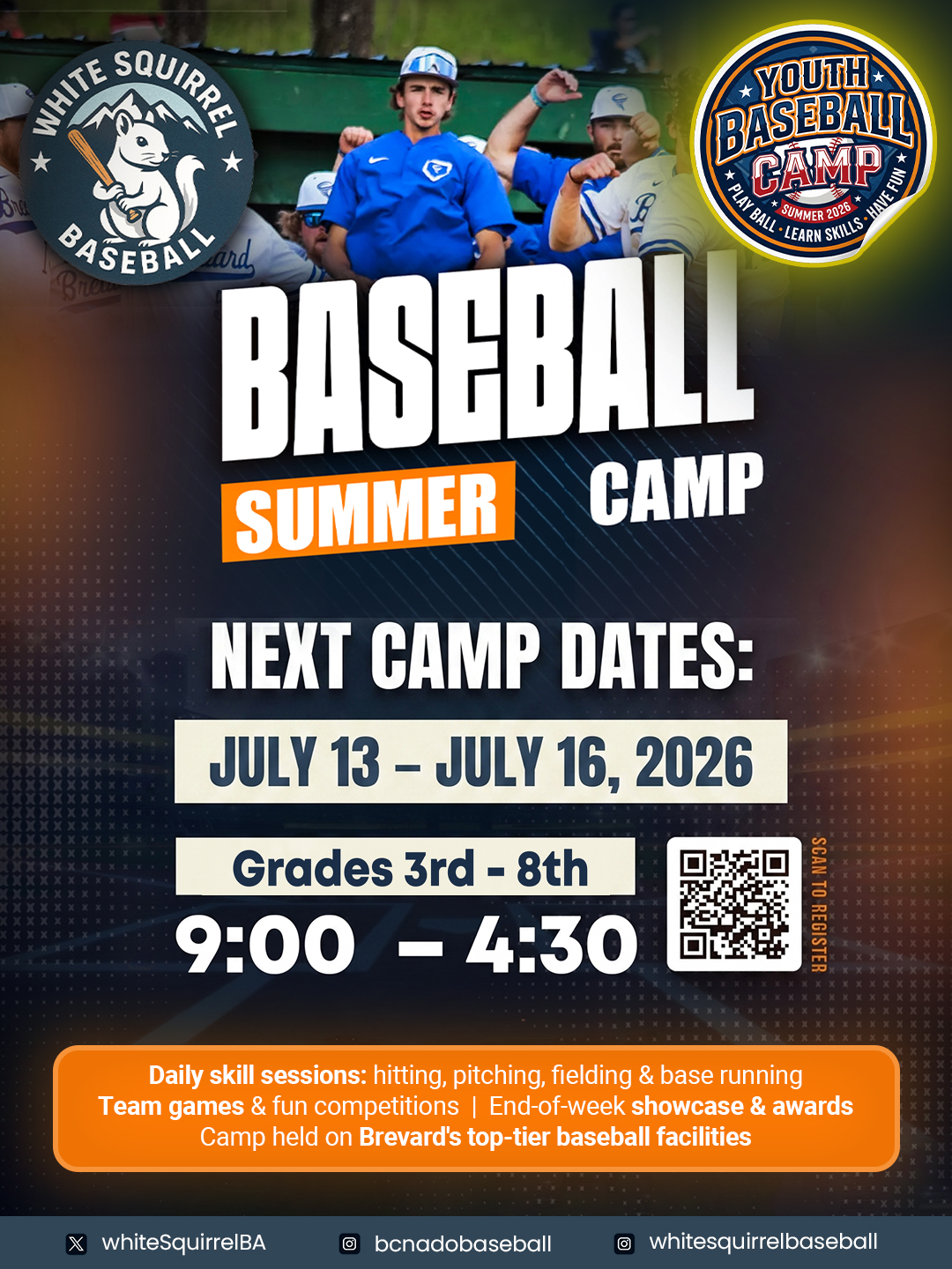 White Squirrel Baseball Academy Facebook ad: Youth Baseball Camps Open Now