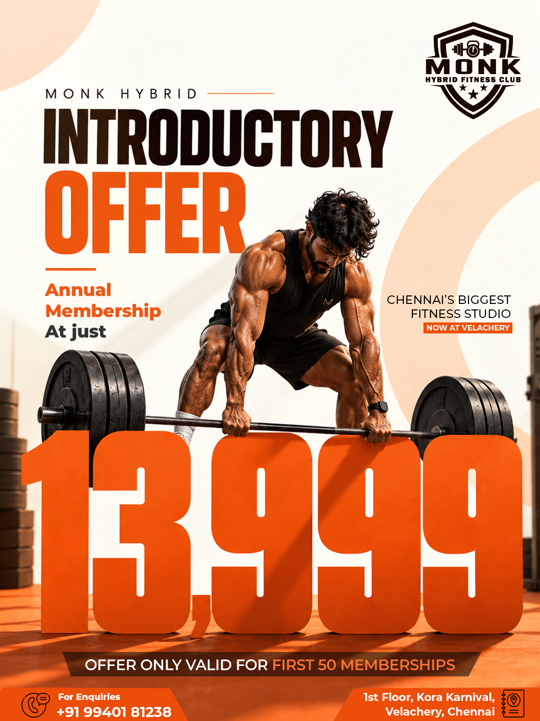 Monk Hybrid Fitness Club - Velachery Facebook ad: 12 MONTHS. ONE VERY GOOD ₹13,999 DECISION.
