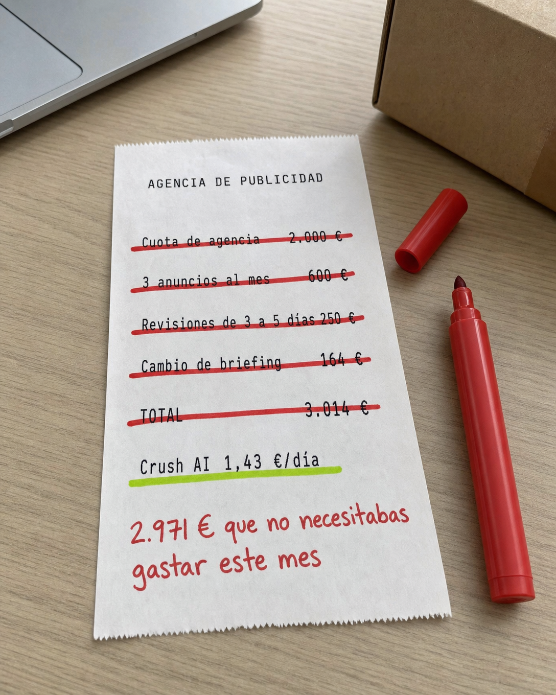 trycrush.ai Facebook ad: 2.971 € que no necesitabas gastar